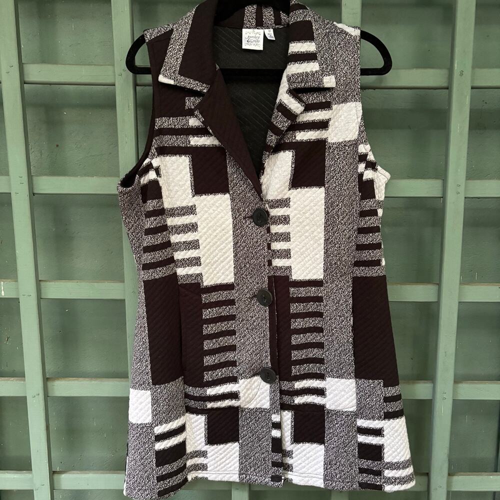 Parsley & Sage Artsy Geometric Patchwork Quilted Long Button Vest M Lagenlook - Picture 1 of 6
